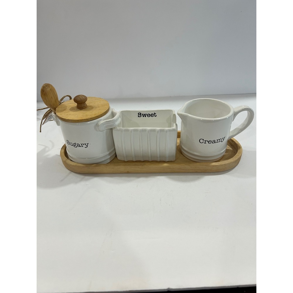 Mud Pie Circa Cream and Sugar Set White Ceramic Wood Tray 4 Piece NEW